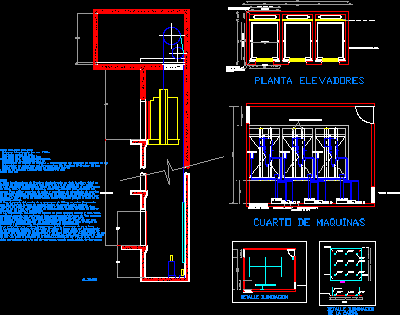 Planos de Bateria de elevadores; plantas; alzado; detalles, en Sistemas de elevación – Instalaciones