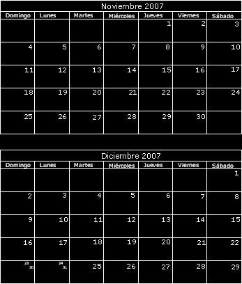 imagen Calendario mensual nov dic 2007, en Medición y presupuestacion de obras - Planillas de cálculo