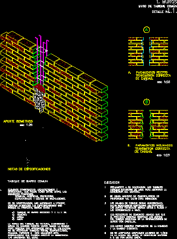 Planos de Detalle de muro de ladrillo  común simple, en Muros de ladrillos – Detalles constructivos