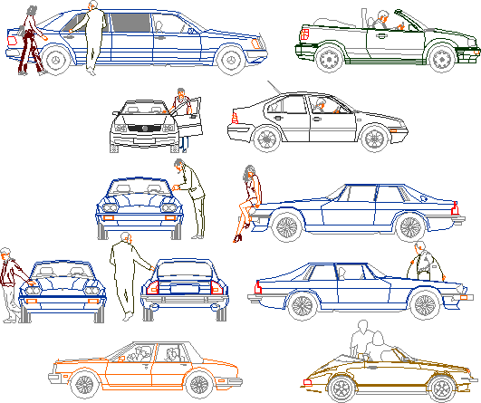 Planos de Escenas con automoviles varios y personas en vista lateral, en Automóviles en 2d vista lateral – Medios de transporte
