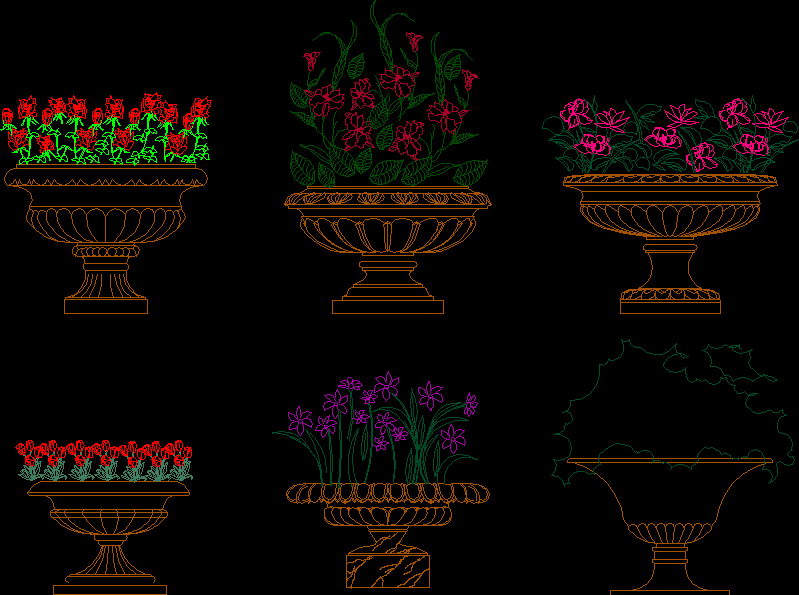 Planos de Floreros – 01, en Siluetas en alzado – Arboles y plantas