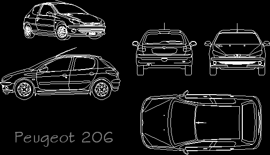Planos de Peugeot 206 completo, en Automóviles en 2d 4 vistas – Medios de transporte
