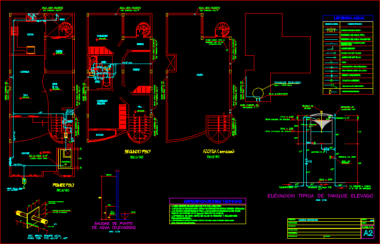 imagen Planos de Instalación de agua unifamiliar con tanque elevado en DWG AUTOCAD, Provisión de agua - Instalaciones