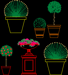 Planos de Vaso c flores – maceta, en Siluetas en alzado – Arboles y plantas